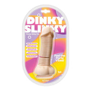 A beige slinky dildo with a suction cup base in its packaging.