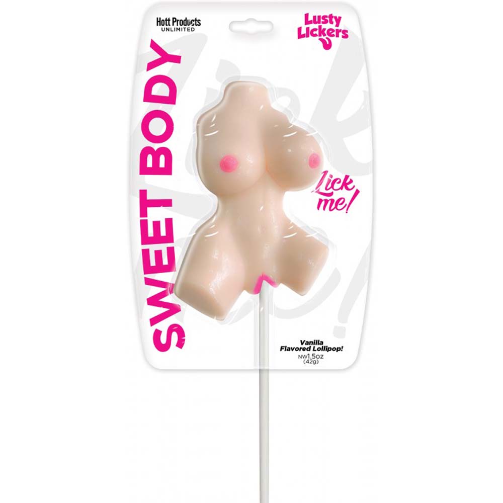 Vanilla flavored lollipop shaped like a female torso.