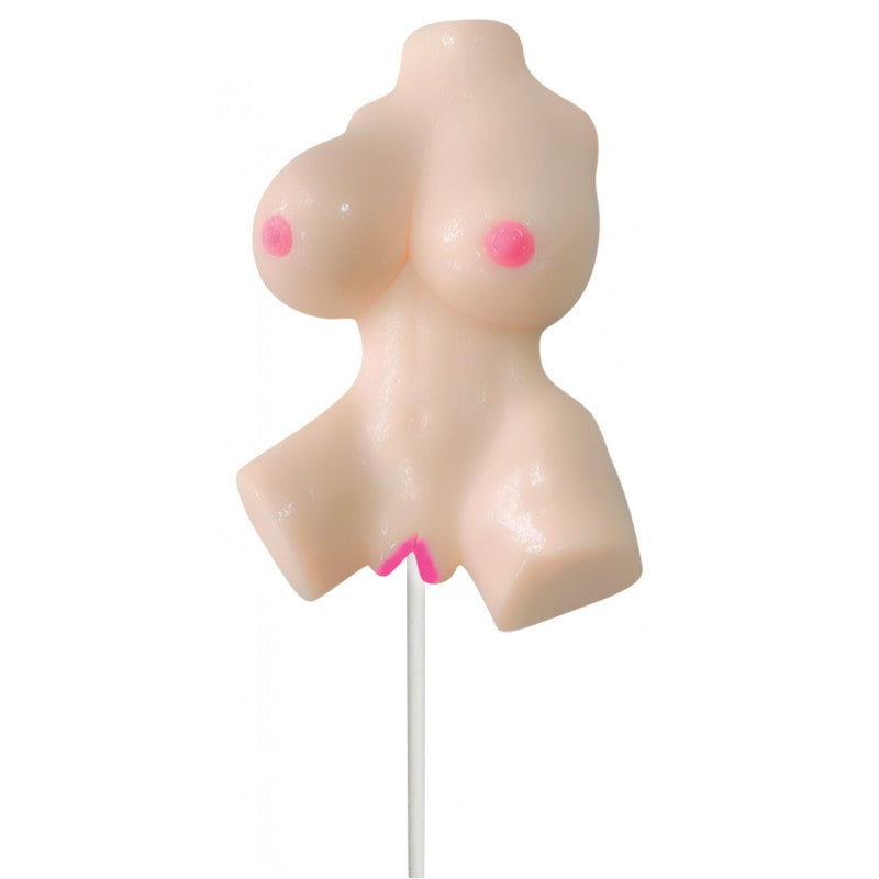 Vanilla flavored lollipop shaped like a nude female torso on a stick with pink nipples.