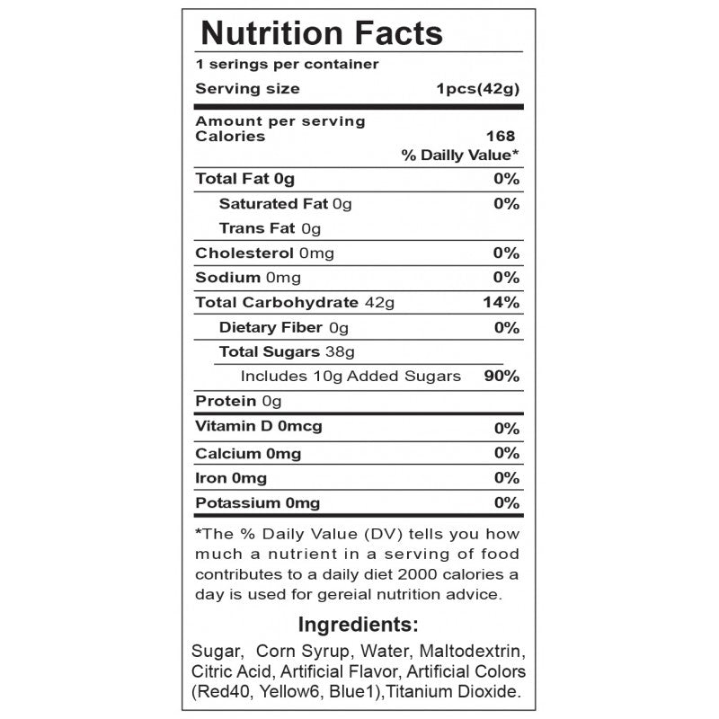 Nutrition facts label for a vanilla flavored lollipop.