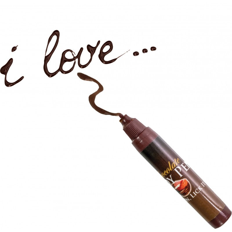 A chocolate pen writes "i love..." on a white background.