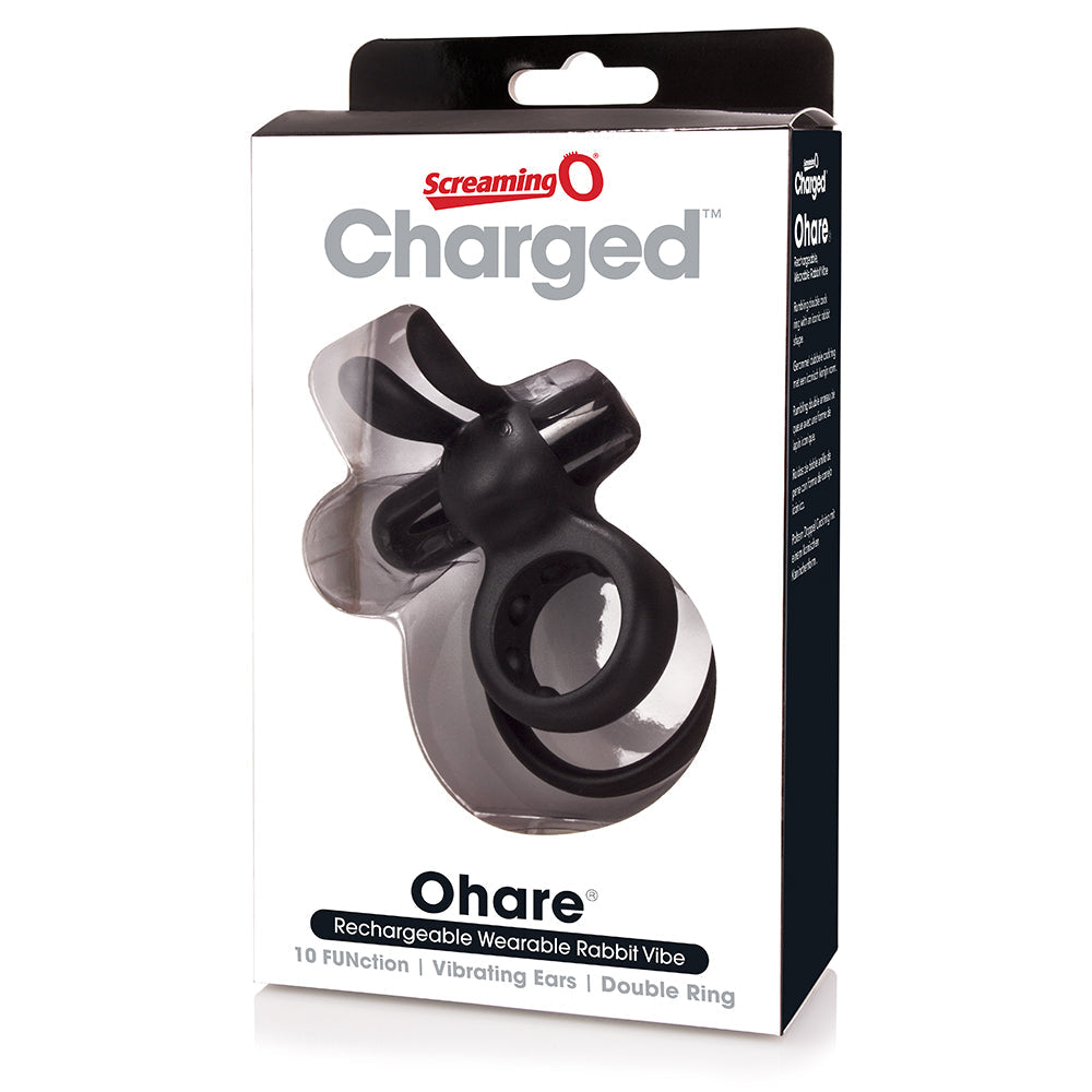 Black rechargeable rabbit vibe with vibrating ears and double ring.