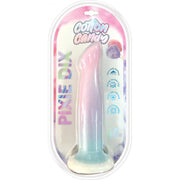 A pink, blue, and white ombre silicone dildo with a suction cup base.