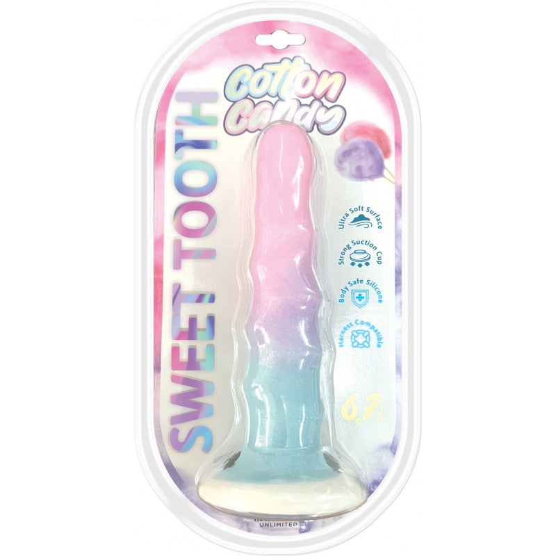 A pink, purple, and blue gradient silicone dildo with a suction cup base.