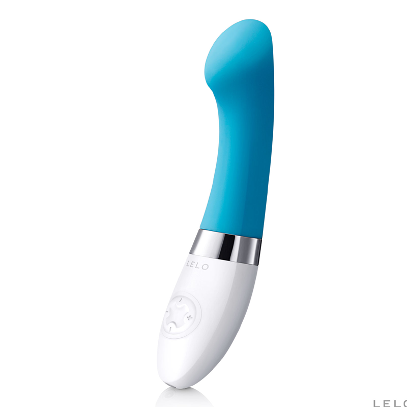 A blue and white Lelo G-spot vibrator with a curved tip and control buttons.
