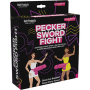 Box for a Bachelorette Party game called Pecker Sword Fight with two inflatable penis props.