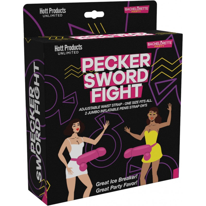 Box for a Bachelorette Party game called Pecker Sword Fight with two inflatable penis props.