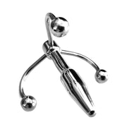 Stainless steel penis plug with a triple hook and three balls.