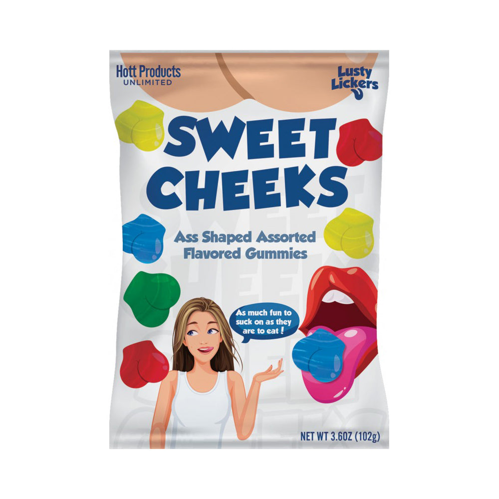Bag of Sweet Cheeks Assorted Fruit Gummies with ass-shaped gummies.