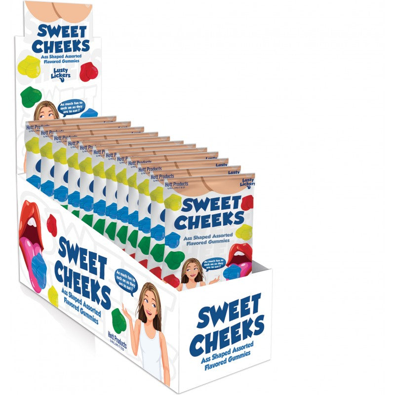 Display box of Sweet Cheeks ass-shaped assorted fruit flavored gummies.