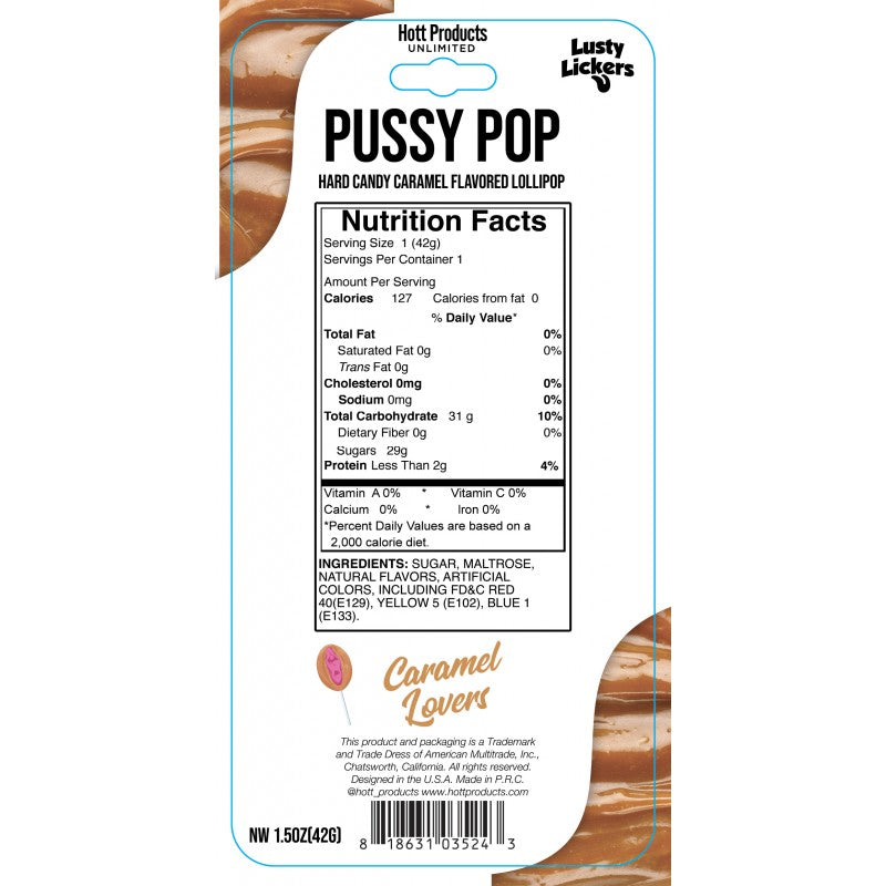 Caramel flavored pussy shaped lollipop candy with nutrition facts.