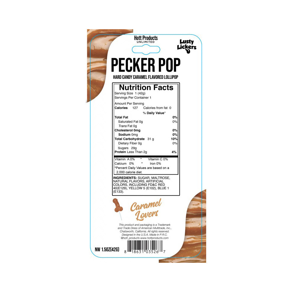 Caramel Pecker Pop novelty penis shaped candy with nutrition facts.