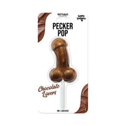 Chocolate penis-shaped sucker on white packaging with brown accents.