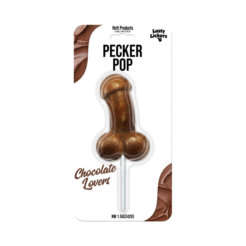 Chocolate penis-shaped sucker on white packaging with brown accents.