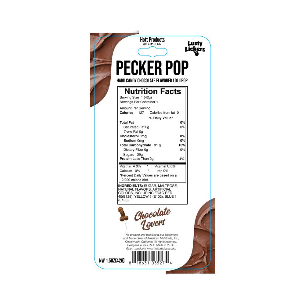 Chocolate penis shaped candy sucker with nutrition facts.