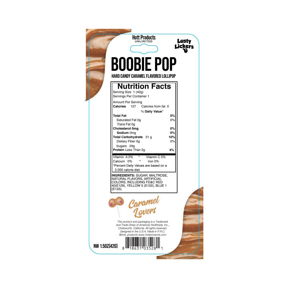 Caramel flavored novelty lollipop candy with nutrition facts.