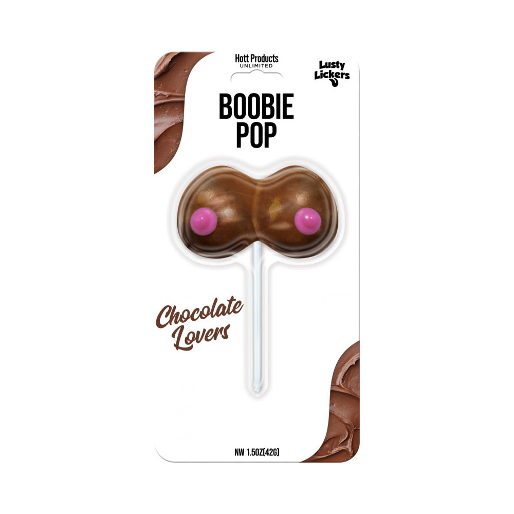 Chocolate flavored boobie shaped lollipop candy with pink nipples.