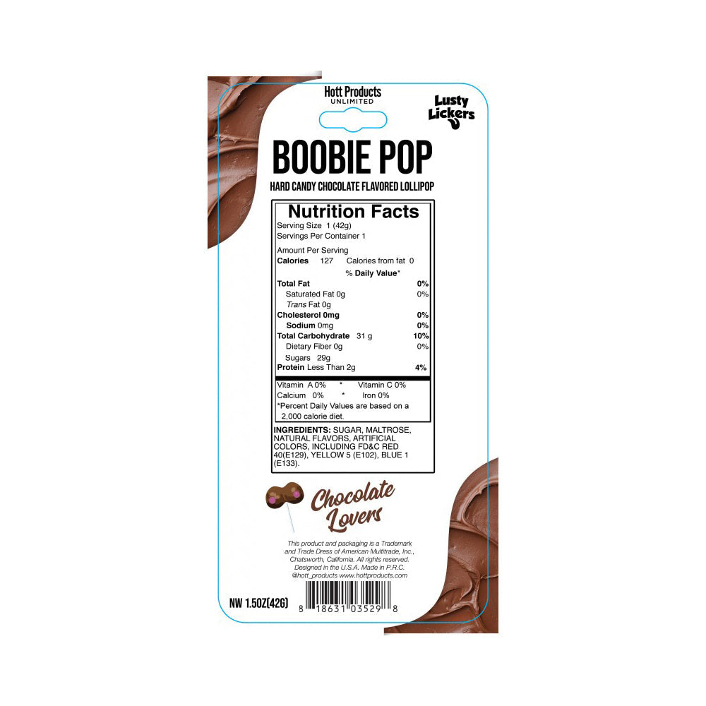 Chocolate flavored boobie shaped lollipop candy with nutrition facts.