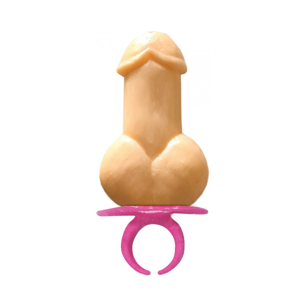 Penis-shaped lollipop finger rings in tan with pink rings, 12-piece display.