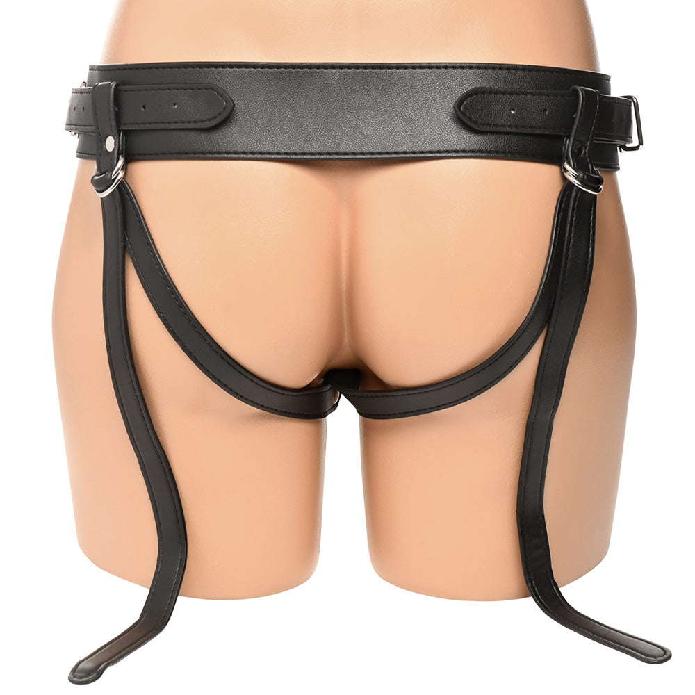 Black leather harness with adjustable straps and metal rings.