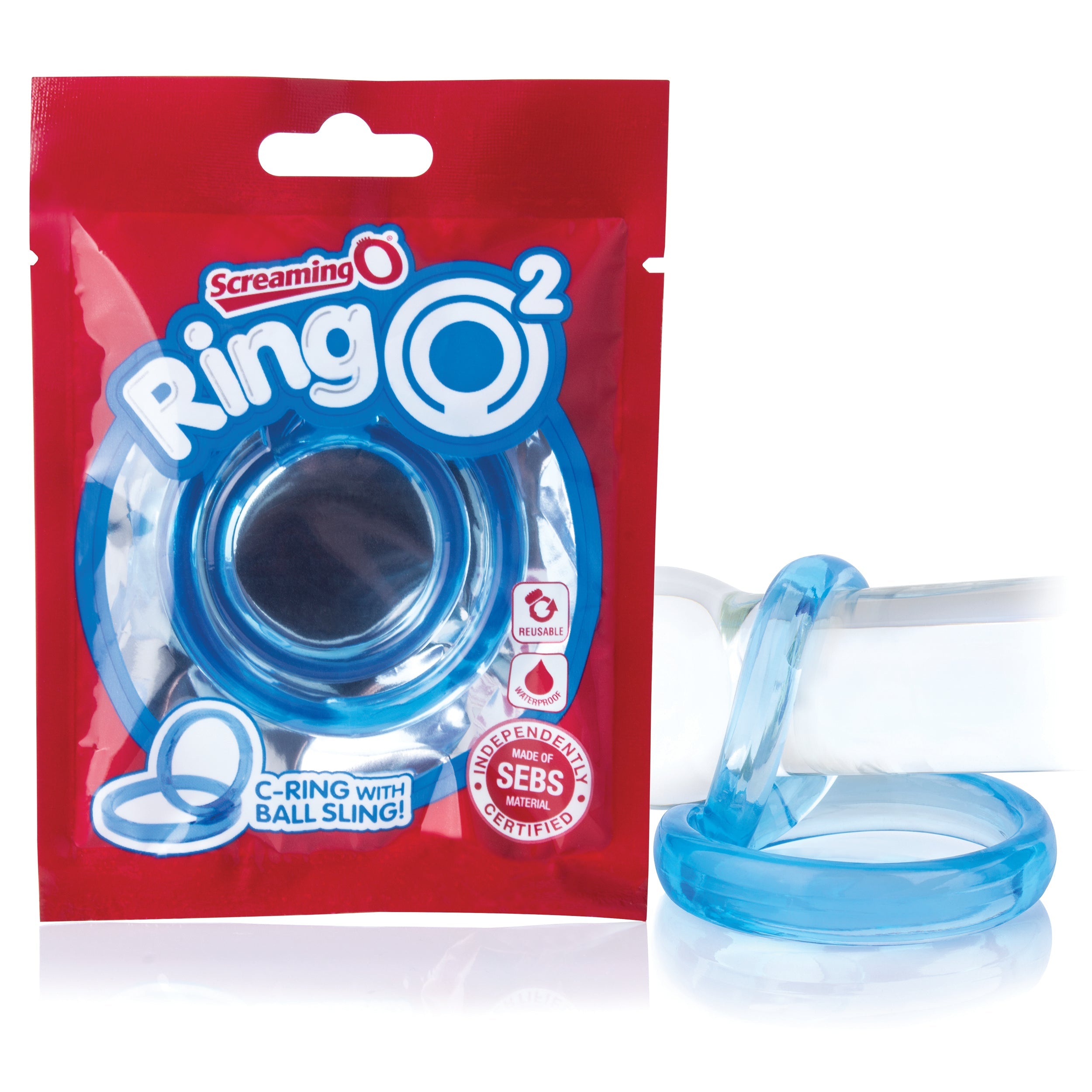 Blue double cock ring with testicle support in packaging.