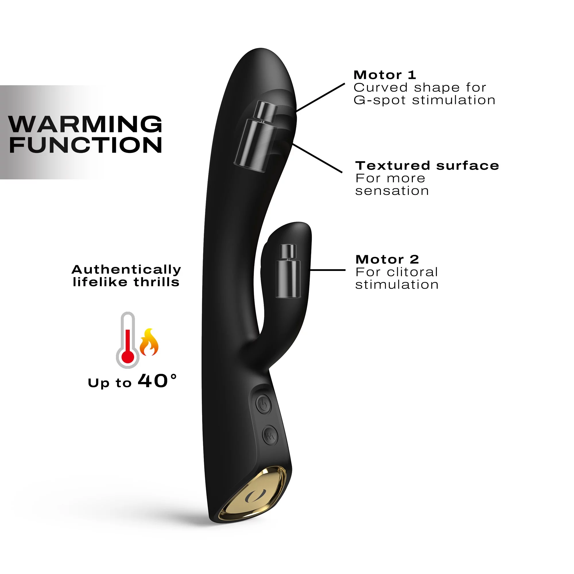 Black vibrator with warming function, dual motors, and textured surface.