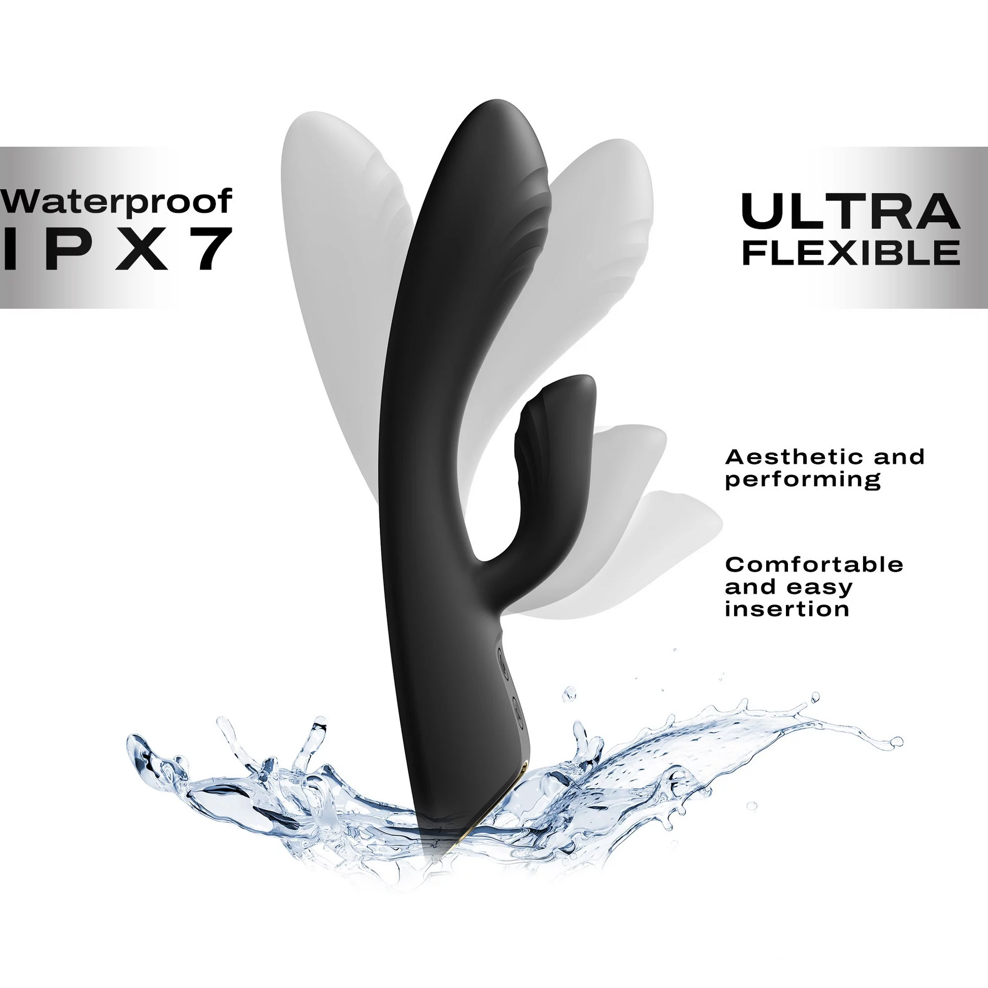 Black ultra-flexible rabbit vibrator with waterproof IPX7 rating.