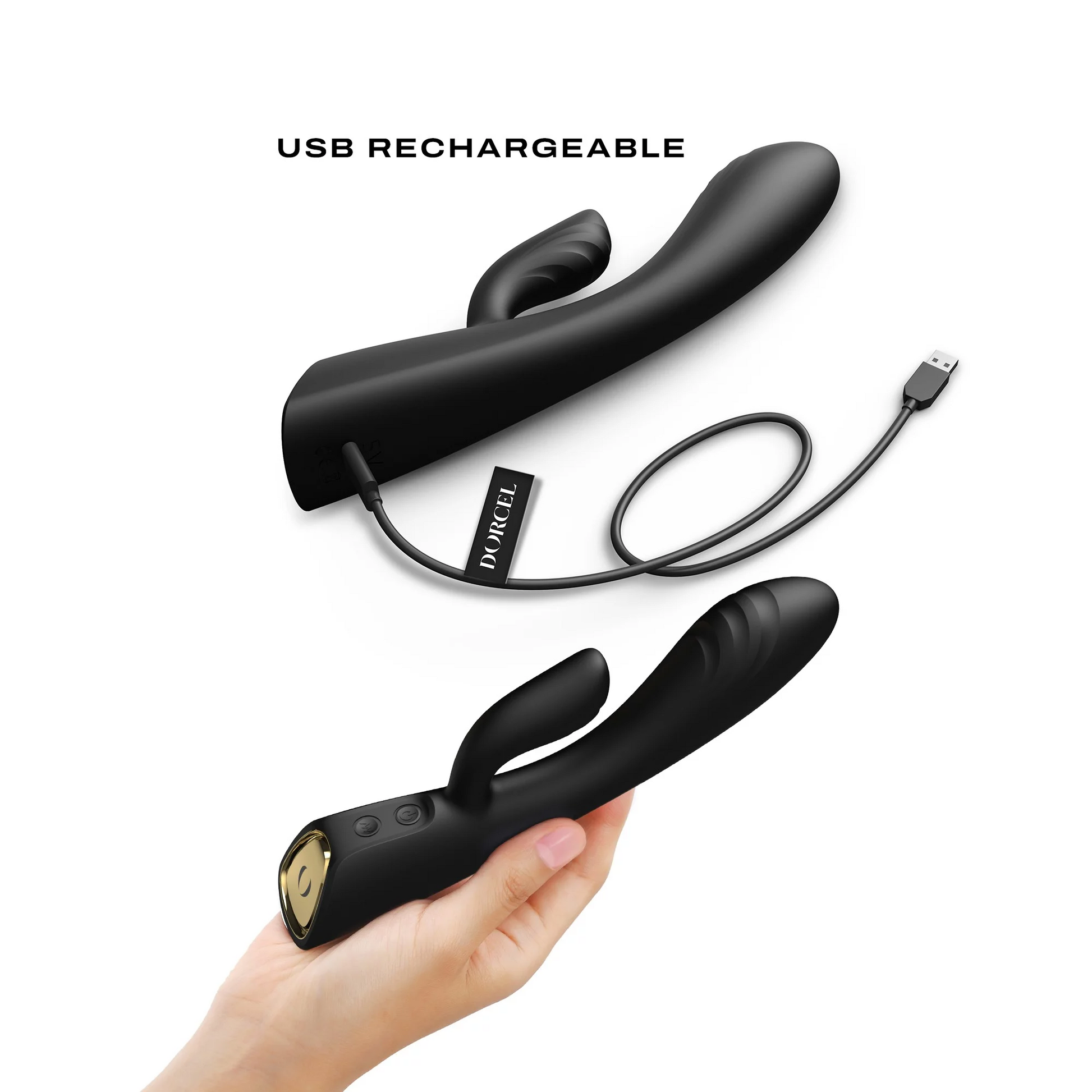 Black Dorcel Flexi Rabbit vibrator with USB charging cable.