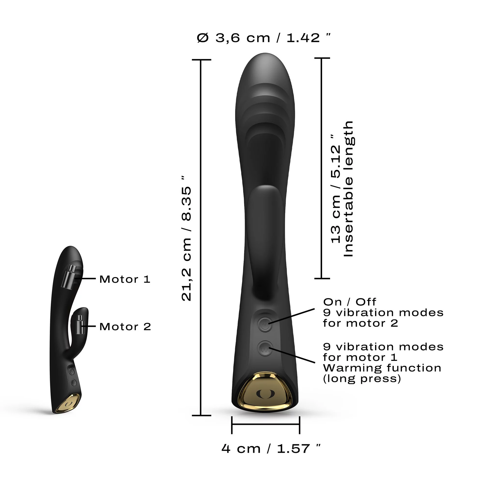 Black Flexi Rabbit vibrator with dual motors, warming function, and dimensions.
