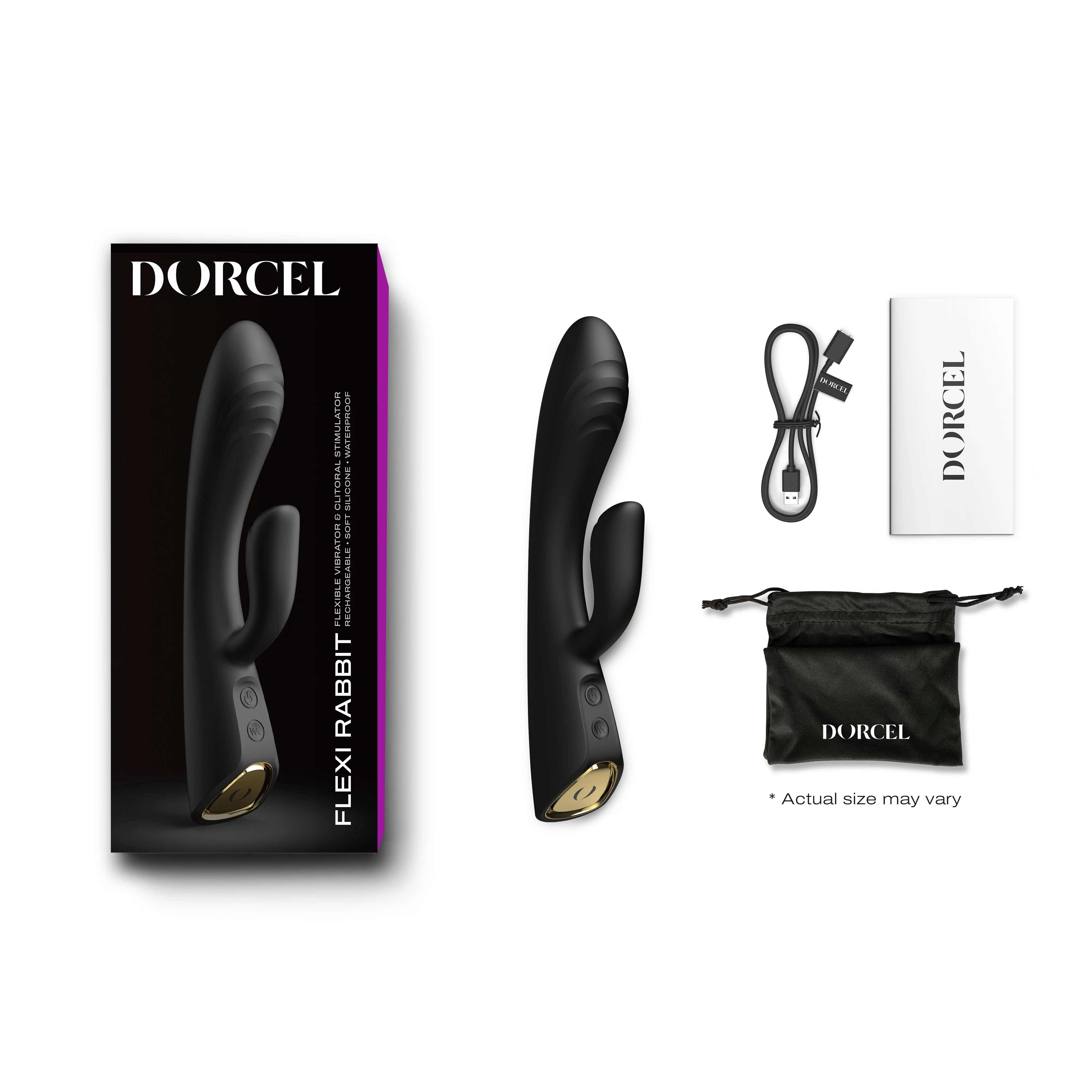 Black Dorcel Flexi Rabbit vibrator with USB cable, pouch, and manual.