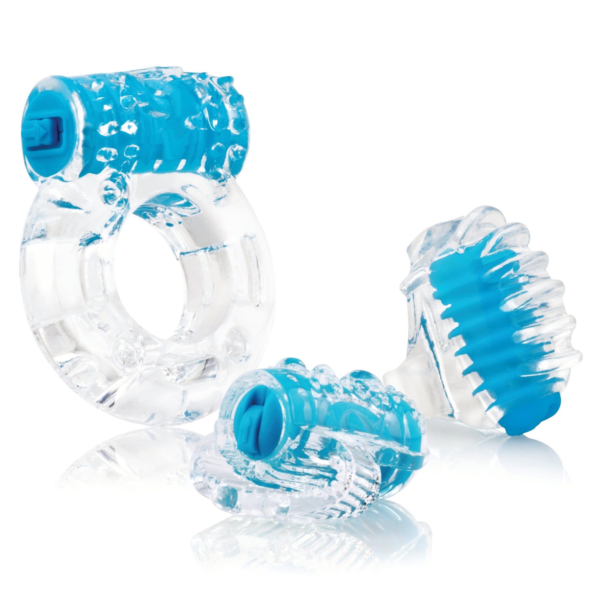 Blue vibrating male pleasure kit with textured rings.