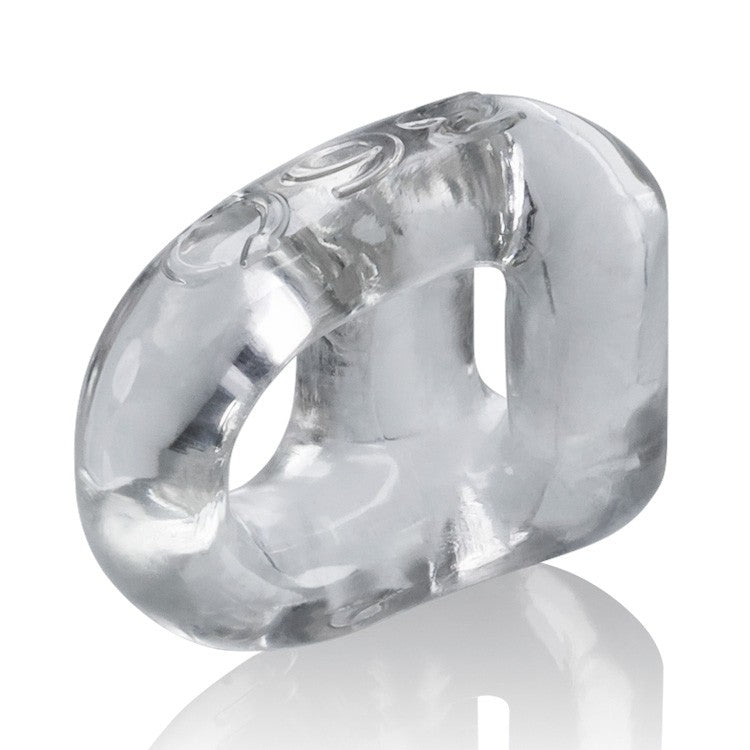 Clear dual-use cock ring and ball sling made of FLEXtpr.