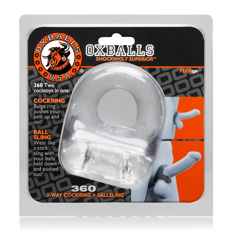 Clear FLEXtpr dual use cock ring and ball sling by Oxballs.