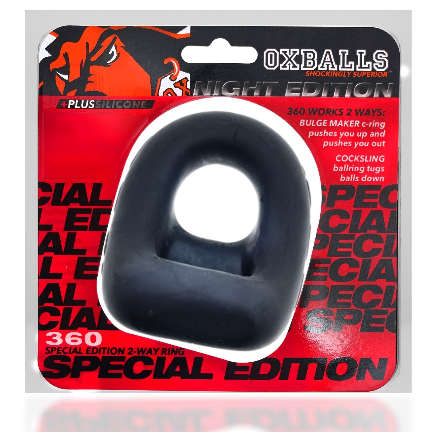Black silicone dual use cock ring and ball sling in packaging.