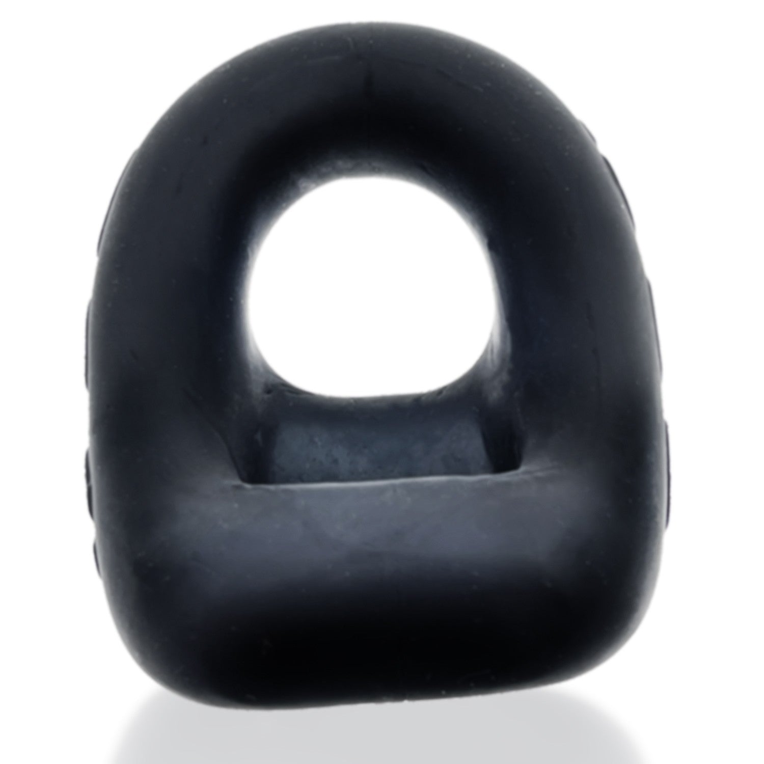 Black silicone dual use cock ring and ball sling.