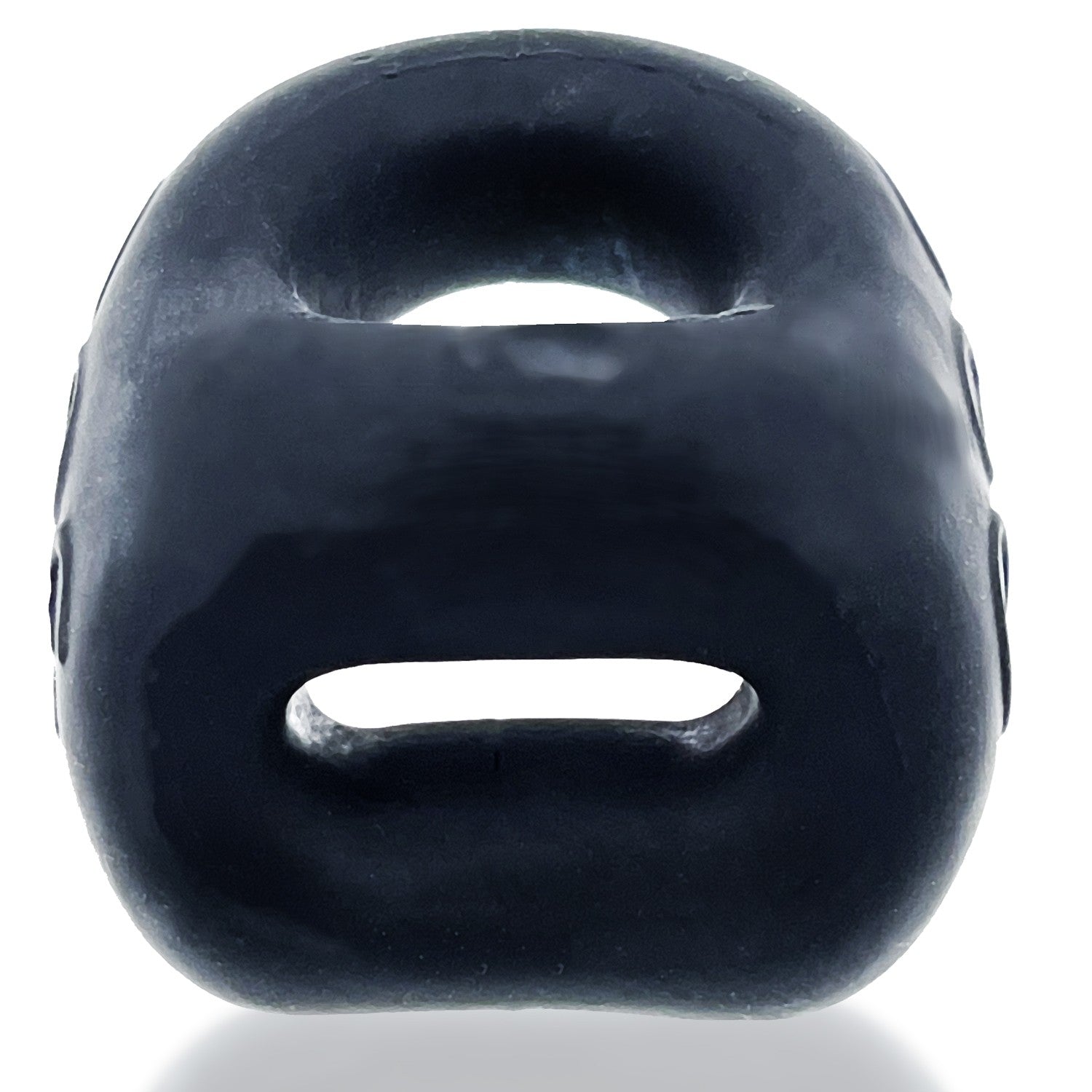 Black dual-use silicone cock ring and ball sling with two openings.