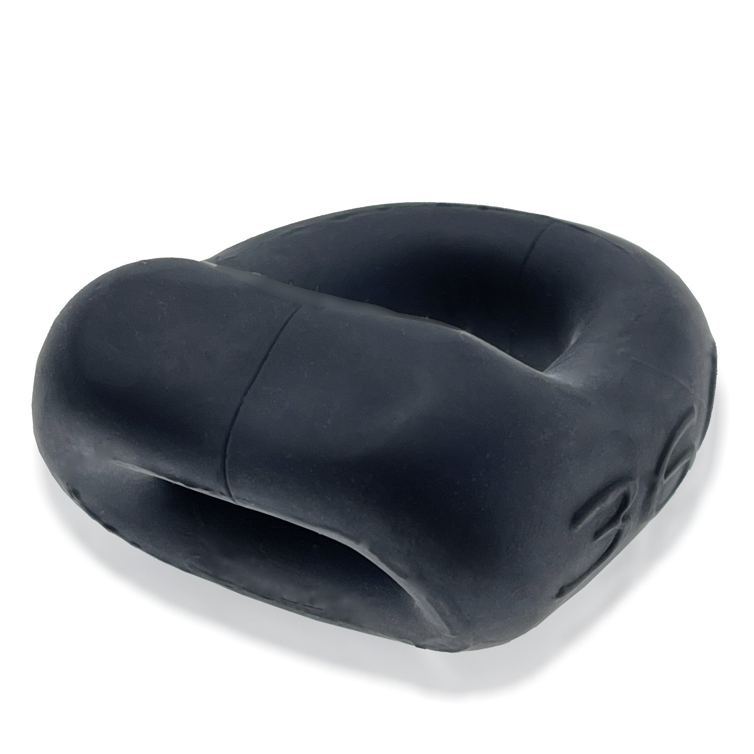 Black silicone dual use cock ring and ball sling with embossed logo.