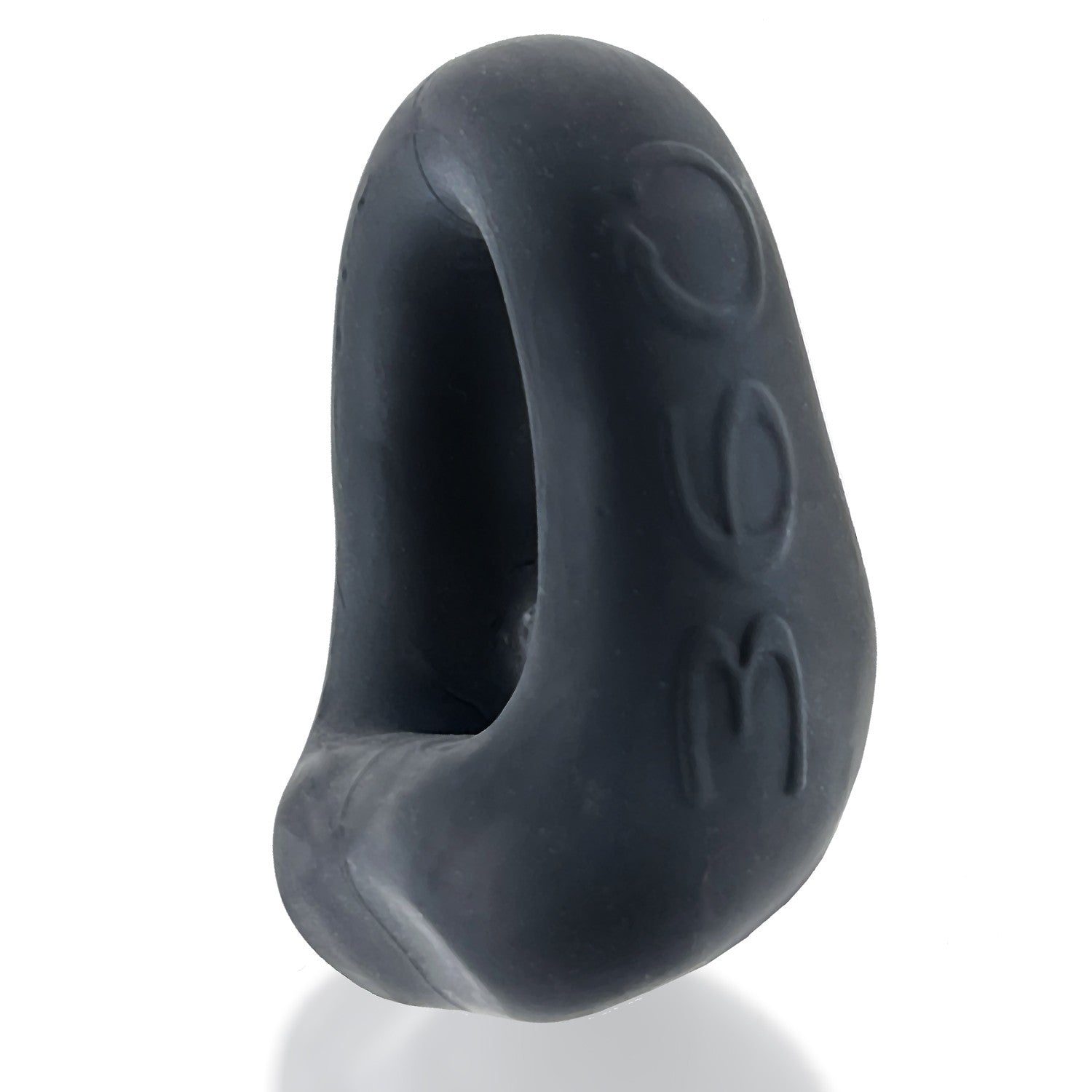 Black silicone dual use cock ring and ball sling with embossed numbers.