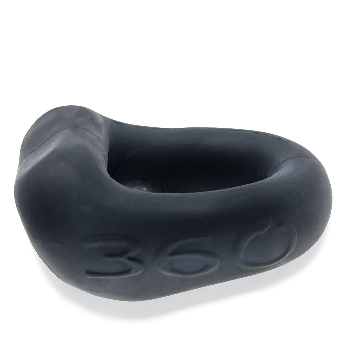 A black silicone dual use cock ring and ball sling with "360" embossed on it.