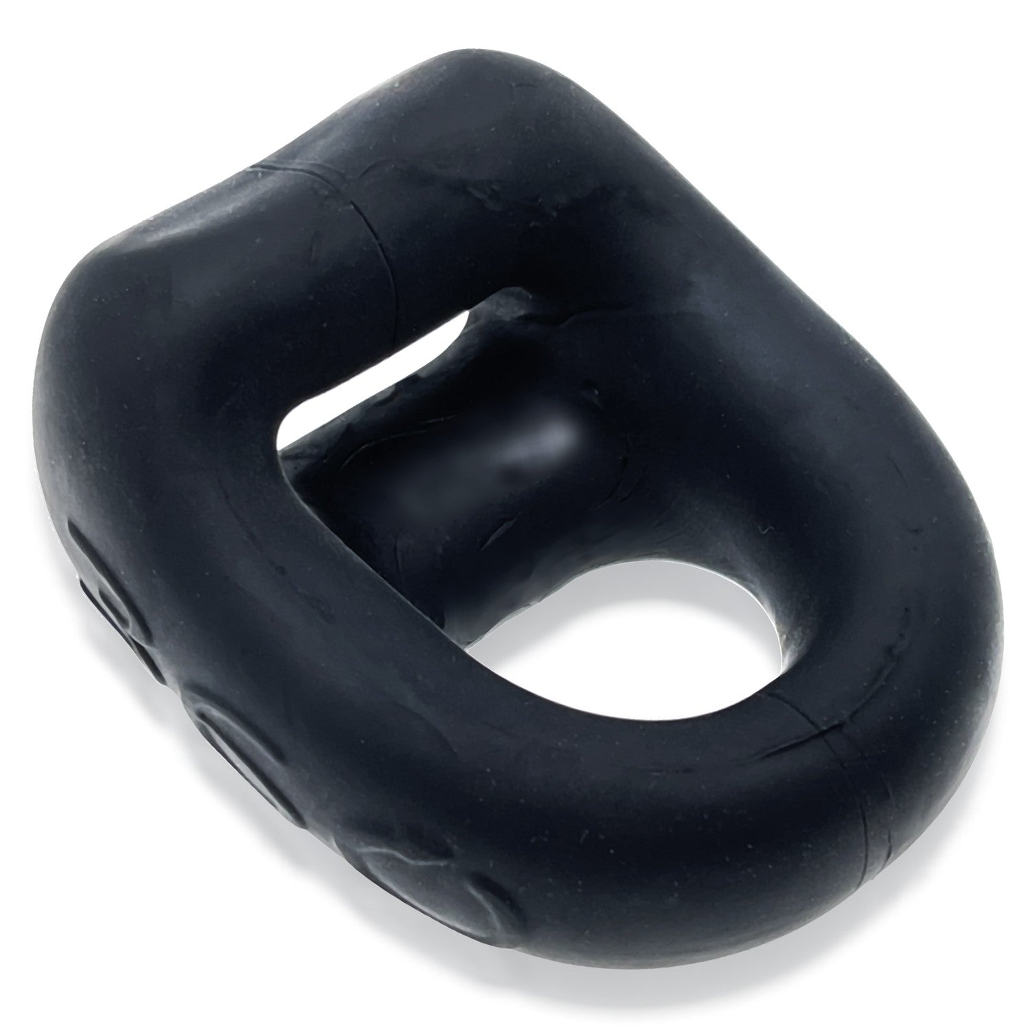 Black silicone dual use cock ring and ball sling with textured accents.