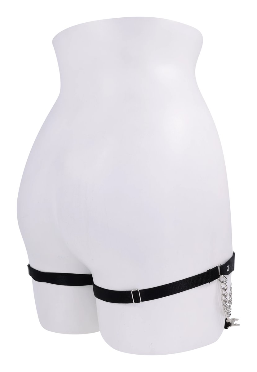Black garter with chain detail on a white mannequin.