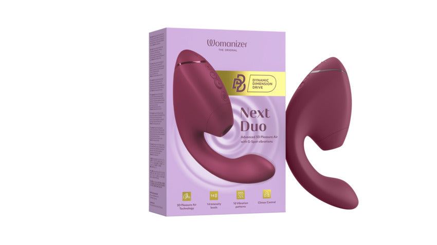 Womanizer Next Duo dual stimulator in dusky pink with box.