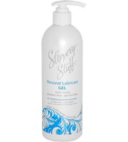 A white pump bottle of Slippery Stuff water-based personal lubricant gel.