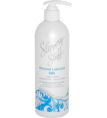 A white pump bottle of Slippery Stuff water-based personal lubricant gel.