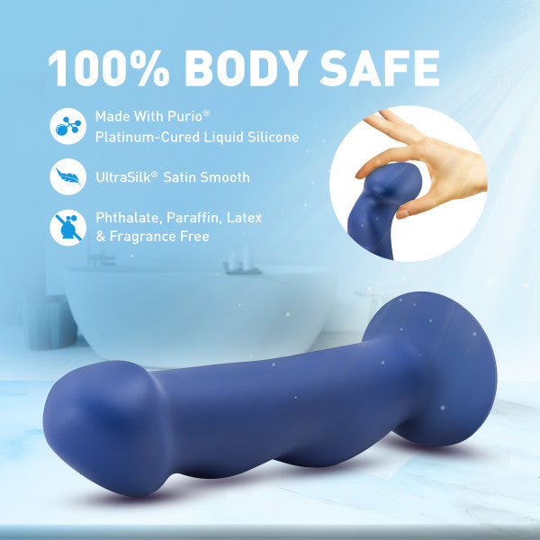 A blue silicone dildo with a flared base and curved shaft.