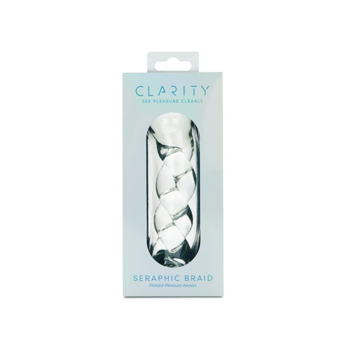 A clear glass dildo with a braided spiral design in its packaging.