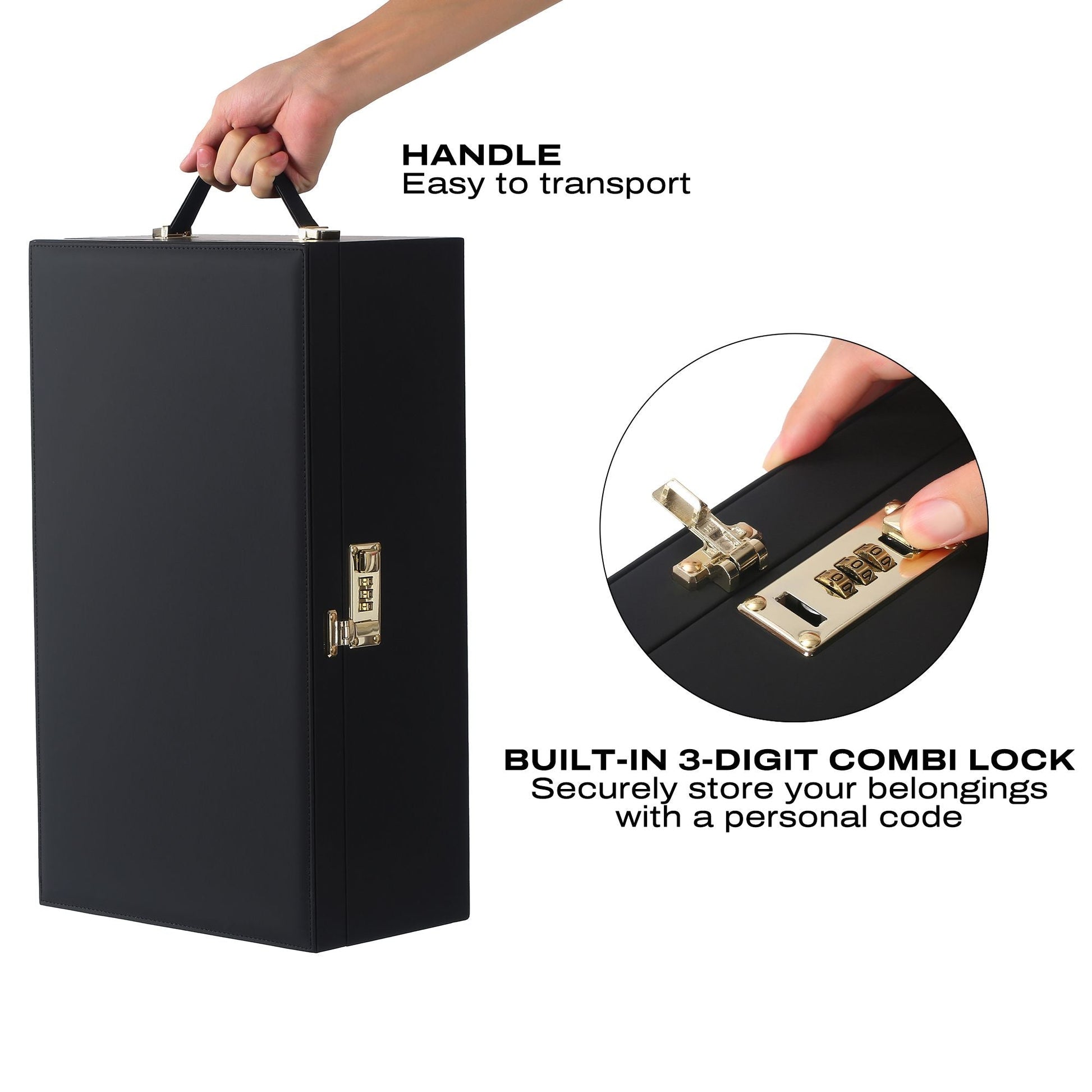 Black faux leather storage case with a handle and a built-in 3-digit combination lock.
