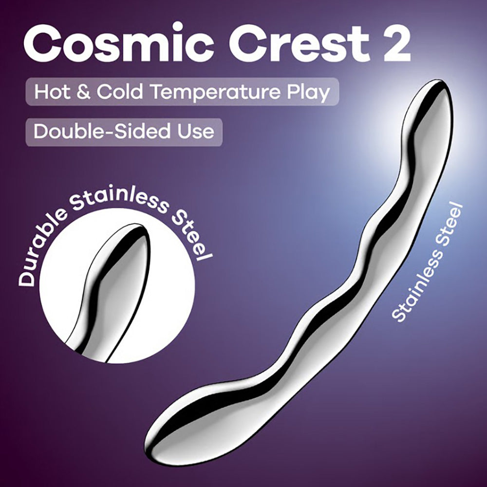 Curved stainless steel dildo with "Cosmic Crest 2" text.