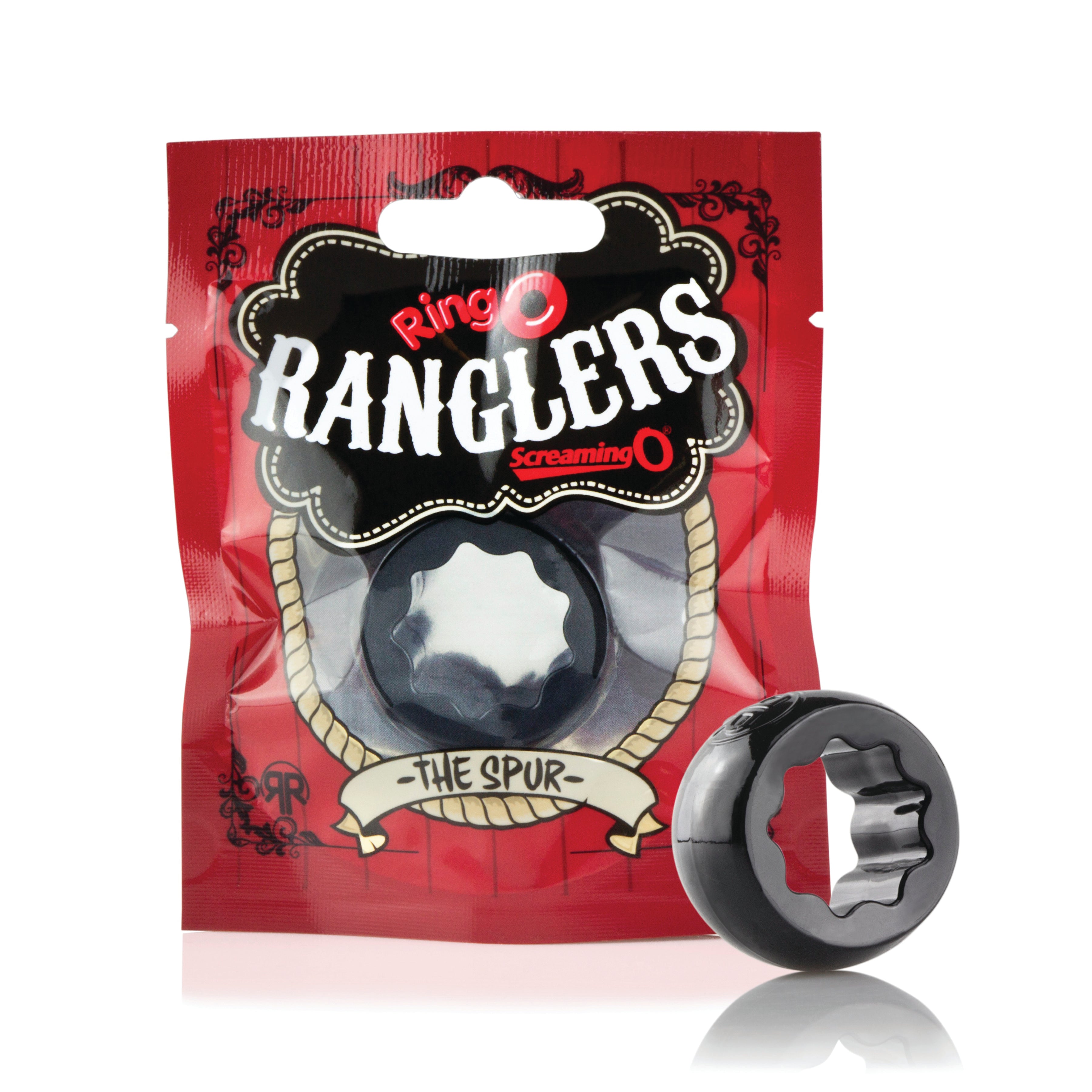 A black, star-shaped penis ring with a red and black package labeled "Ring O Ranglers".