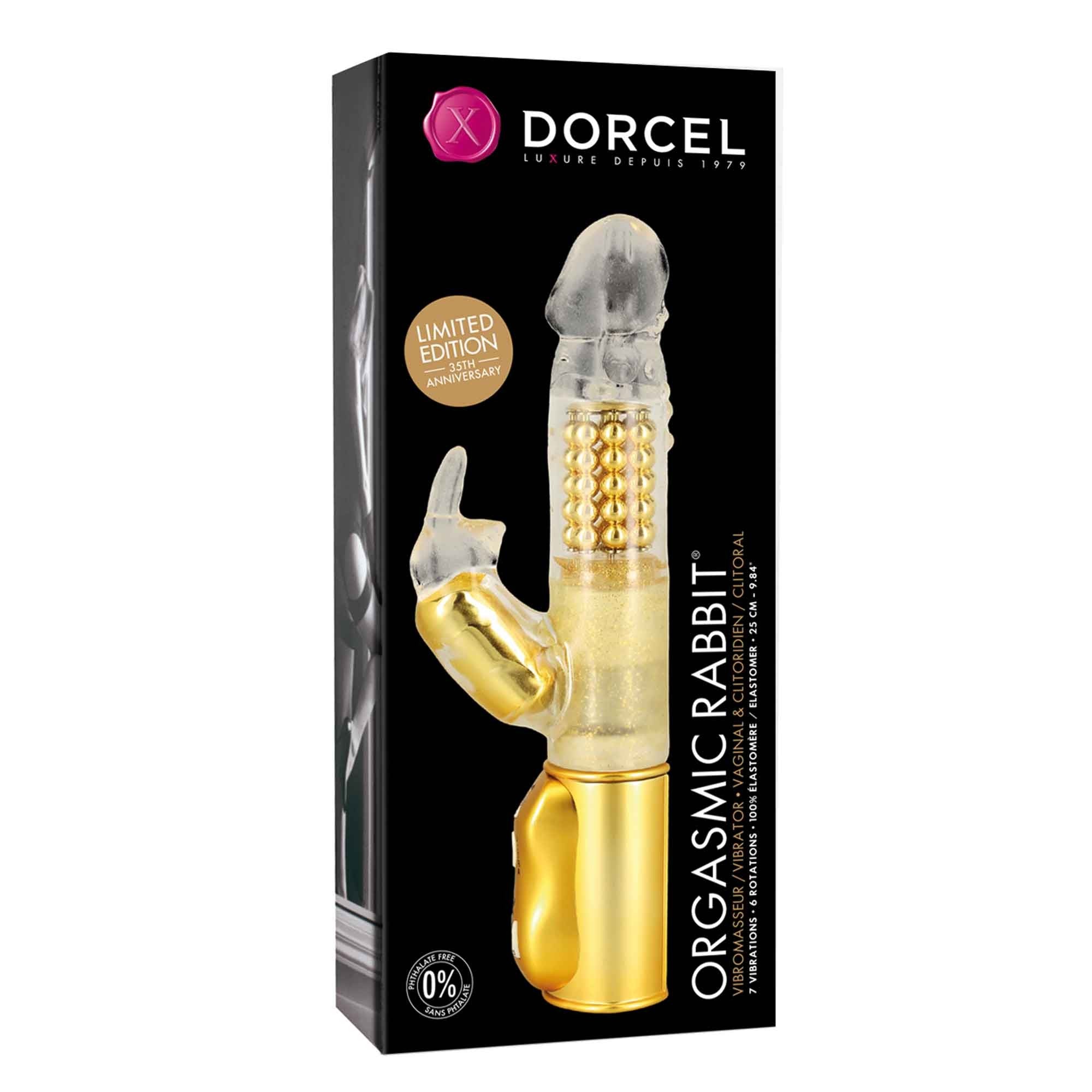 Orgasmic Rabbit G-Spot vibrator in gold and clear with 7 vibration modes.